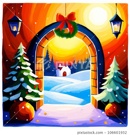 open door in winter and snowman, Christmas greeting card, art Vector illustration 106601932