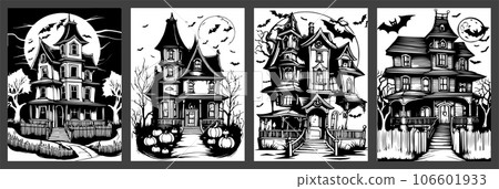 sketch Set of silhouettes of scary Halloween houses on a white background. template and decoration. vector illustration for your design. 106601933
