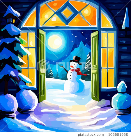 cute snowman in winter door decorated with a garland. winter holidays concept. vector illustration cute snowman in winter door decorated with a garland. winter holidays concept. vector illustration 106601968