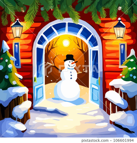 cute snowman in winter door decorated with a garland. winter holidays concept. vector illustration 106601994