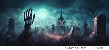 banner Zombie hands emerge from an enchanted Halloween cemetery in the mystical forest at night with a full moon in a cemetery banner Zombie hands emerge from an enchanted Halloween cemetery in the mystical forest at night with a full moon in a cemetery 106602038