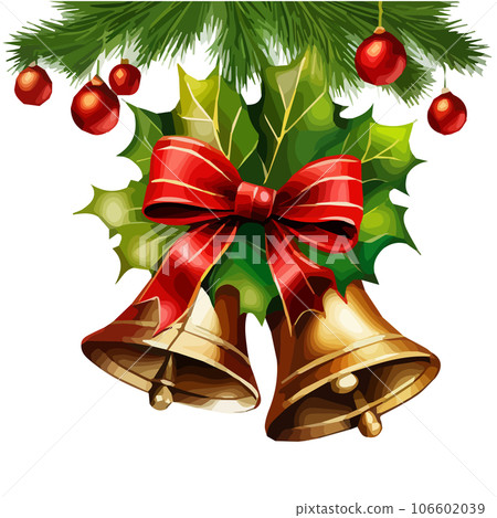 Golden metal bell with red bow isolated on a white background, Christmas symbol, school bell, vintage bell. vector illustration. Golden metal bell with red bow isolated on a white background, Christmas symbol, school bell, vintage bell. vector illustration. 106602039