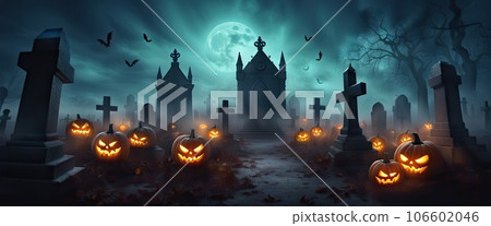 Artistic concept of Halloween background with pumpkin in a spooky Graveyard at night with full moon, Natural color, digital art style, illustration painting. Creative Design, Artistic concept of Halloween background with pumpkin in a spooky Graveyard at night with full moon, Natural color, digital art style, illustration painting. Creative Design, 106602046