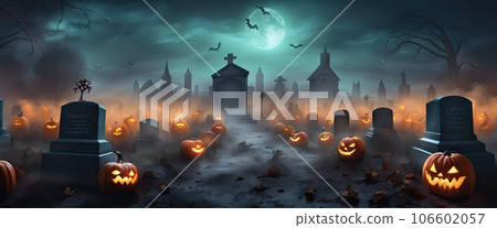 Artistic concept of Halloween background with pumpkin in a spooky Graveyard at night with full moon, Natural color, digital art style, illustration painting. Creative Design, Artistic concept of Halloween background with pumpkin in a spooky Graveyard at night with full moon, Natural color, digital art style, illustration painting. Creative Design, 106602057
