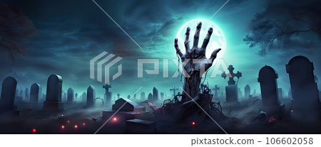banner. Horror scene of graveyard. Halloween background with zombies hand and bat at night with a full moon 106602058