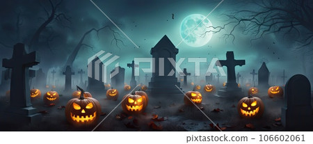Artistic concept of Halloween background with pumpkin in a spooky Graveyard at night with full moon, Natural color, digital art style, illustration painting. Creative Design, 106602061