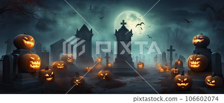 Artistic concept of Halloween background with pumpkin in a spooky Graveyard at night with full moon, Natural color, digital art style, illustration painting. Creative Design, 106602074