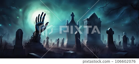 Zombie hands are rising from grave in spooky night. Halloween night background. banner. Horror scene of graveyard. Spooky and creepy graveyard. Zombie hands are rising from grave in spooky night. Halloween night background. banner. Horror scene of graveyard. Spooky and creepy graveyard. 106602076
