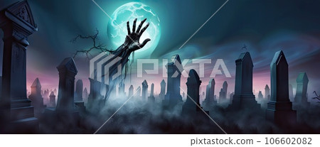 dark banner Zombie hand rise from the grave. Halloween design with zombie graveyard at night with full moon dark banner Zombie hand rise from the grave. Halloween design with zombie graveyard at night with full moon 106602082