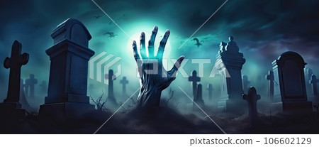 banner. Horror scene of graveyard. Halloween background with zombies hand and bat at night with a full moon 106602129