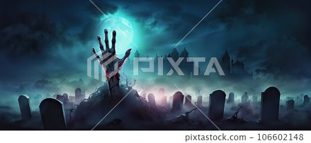 dark banner Zombie hand rise from the grave. Halloween design with zombie graveyard at night with full moon 106602148