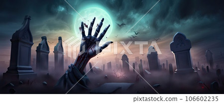 dark banner Zombie hand rise from the grave. Halloween design with zombie graveyard at night with full moon 106602235