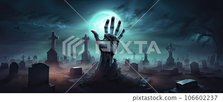 dark banner Zombie hand rise from the grave. Halloween design with zombie graveyard at night with full moon dark banner Zombie hand rise from the grave. Halloween design with zombie graveyard at night with full moon 106602237