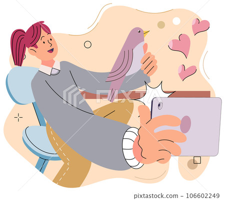 Little girl use cell phone for selfie with her favorite pet bird. Smile at camera with positive emotions. Children at home with phones and tablets. Child uses smartphone for entertainment or study Little girl use cell phone for selfie with her favorite pet bird. Smile at camera with positive emotions. Children at home with phones and tablets. Child uses smartphone for entertainment or study 106602249