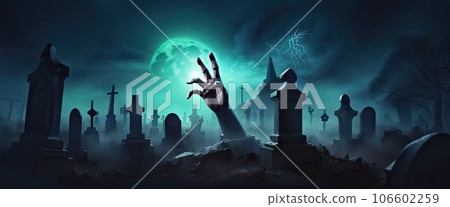 banner Halloween Background With Undead Zombie Hand at night with a full moon in a cemetery 106602259