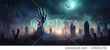 banner Halloween Background With Undead Zombie Hand at night with a full moon in a cemetery 106602262