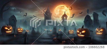 Artistic concept of Halloween background with pumpkin in a spooky Graveyard at night with full moon, Natural color, digital art style, illustration painting. Creative Design, 106602268
