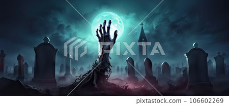 banner Illustration of Halloween Zombie Party. at night with a full moon in a cemetery banner Illustration of Halloween Zombie Party. at night with a full moon in a cemetery 106602269