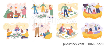 Game together. Family fun. Friendship time. Vector illustration. Engaging in board game with others perfect way to connect and have fun People playing games together foster sense of camaraderie and Game together. Family fun. Friendship time. Vector illustration. Engaging in board game with others perfect way to connect and have fun People playing games together foster sense of camaraderie and 106602270