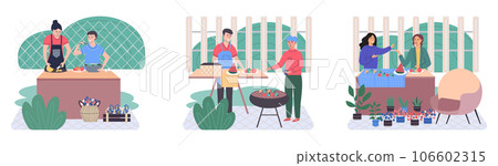 People cooking vegetarian food. Vector illustration. Set of characters cooking meal home. Woman preparing food for dinner. People cooking. Wife preparing healthy alternative from vegetarian nutrition 106602315