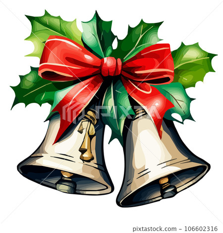 Golden metal bell with red bow isolated on a white background, Christmas symbol, school bell, vintage bell. vector illustration. 106602316
