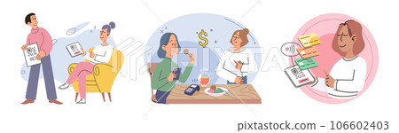 Cashless payment. Vector illustration. Cashless payments contribute to reducing need for physical currency production NFC technology allows for seamless pairing of devices for quick and easy payments 106602403