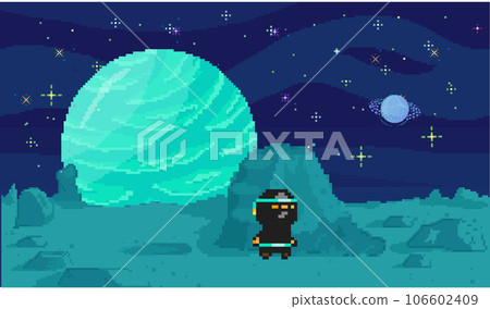 Space exploration illustration, fantasy alien landscape. Cartoon pixel art background. Horizontal cosmic banner. Another planet concept. Universe of spherical star objects. Pixelated location for game 106602409