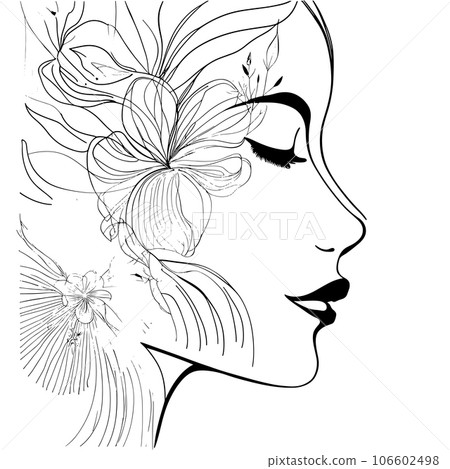 Vector modern minimalism of drawning illustration sketch one line art abstract face portrait and flower for design card banner background Vector modern minimalism of drawning illustration sketch one line art abstract face portrait and flower for design card banner background 106602498