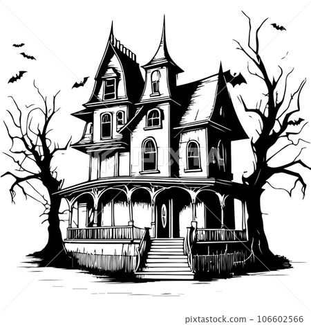 Haunted House silhouette with bats and tree Hand Drawn Sketch Illustration Halloween Cartoon 106602566