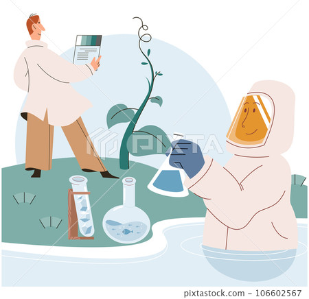 Scientist conducts research to study nature and living organisms, water quality in pond or river. Researchers do analyzes of composition of water, check mineral compound and bacterial components Scientist conducts research to study nature and living organisms, water quality in pond or river. Researchers do analyzes of composition of water, check mineral compound and bacterial components 106602567
