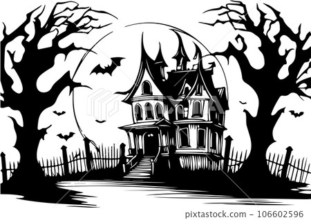 sketch Vintage haunted house perfect for spooky Halloween for party or event invitation cards illustration for your design. sketch Vintage haunted house perfect for spooky Halloween for party or event invitation cards illustration for your design. 106602596