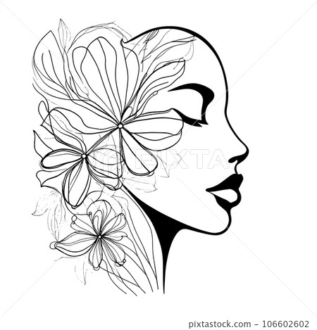 Vector modern minimalism of drawning illustration sketch one line art abstract face portrait and flower for design card banner background 106602602
