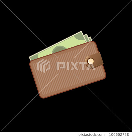 vector brown wallet with green paper dollars money isolated on black button background. finance mobile app or mobile banking icon, label and sign design template. Wallet with money top view 106602728