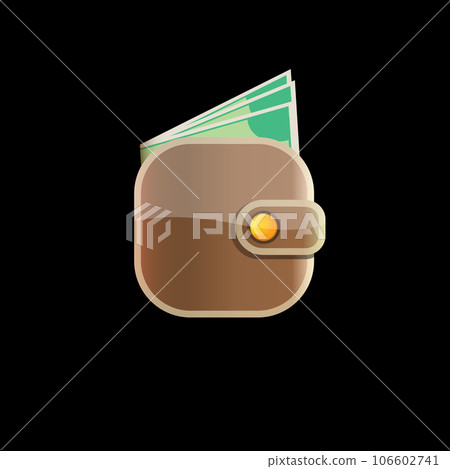 vector brown wallet with green paper dollars money isolated on black button background. finance mobile app or mobile banking icon, label and sign design template. Wallet with money top view 106602741