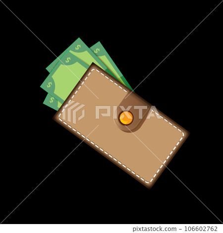 vector brown wallet with green paper dollars money isolated on black button background. finance mobile app or mobile banking icon, label and sign design template. Wallet with money top view vector brown wallet with green paper dollars money isolated on black button background. finance mobile app or mobile banking icon, label and sign design template. Wallet with money top view 106602762