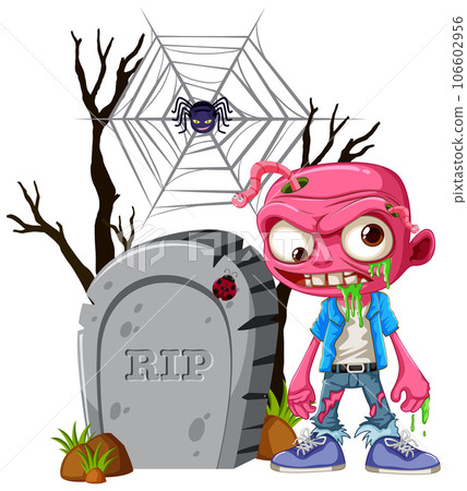 Zombie Cartoon Character Standing in Front of Tombstone 106602956