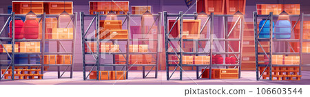Warehouse interior with boxes on shelves Warehouse interior with boxes on shelves 106603544
