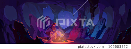 Man sitting near bonfire in dark cave Man sitting near bonfire in dark cave 106603552