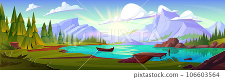 Forest and mountain lake nature cartoon background 106603564