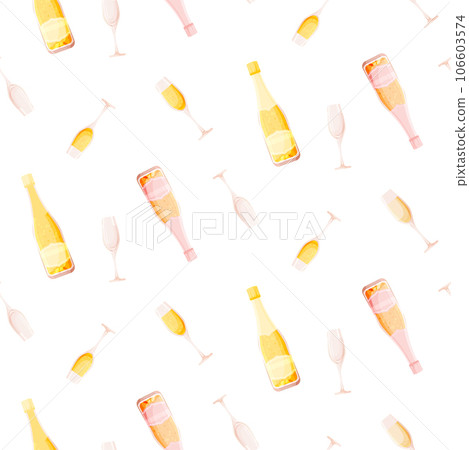 Champagne bottle glass flying seamless pattern flat. White pink gold wine drink festive print bright wrapping paper background wallpaper gift decorating new year birthday party anniversary christmas Champagne bottle glass flying seamless pattern flat. White pink gold wine drink festive print bright wrapping paper background wallpaper gift decorating new year birthday party anniversary christmas 106603574
