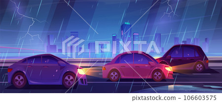 Cars drive in rain with thunderstorm in city Cars drive in rain with thunderstorm in city 106603575