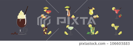 Cocktail Glasses with Straw and Citrus Slice Vector Set 106603883
