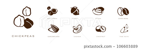 Seed and Nuts Brown Flat Icon with Name and Inscription Vector Set 106603889