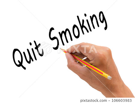 Hand writing quit smoking word with pencil 106603983