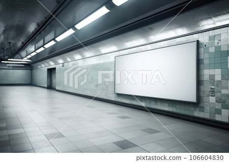 Lonely subway platform with blank screen, a perfect canvas for public art or street art installations. Nostalgic and vintage atmosphere in abandoned station. AI Generative. 106604830