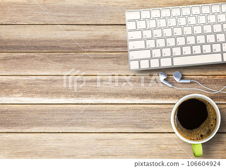 Espresso coffee cup on wood table background. Top view with copy spa 106604924