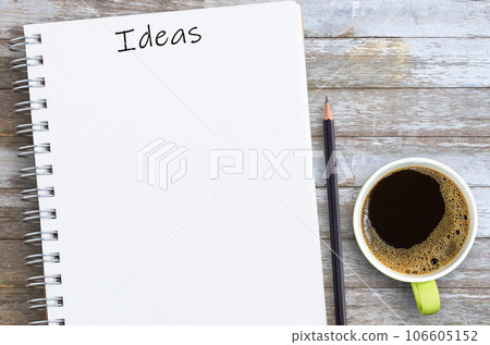 Ideas written on a blank notepad with pencil and cup of coffee with copy space. 106605152