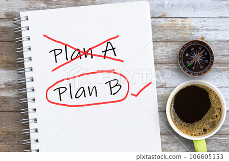 Plan B written on notebook with pencil and cup of coffee with copy space. 106605153