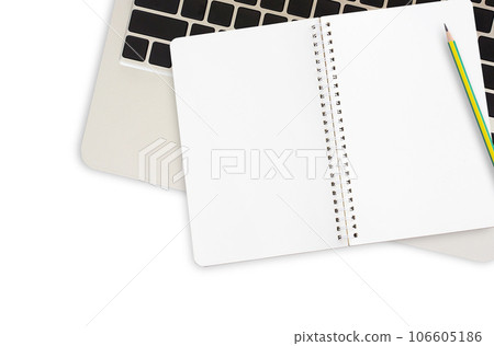 Top view of notebook or blank notepad isolated on white background. Top view of notebook or blank notepad isolated on white background. 106605186