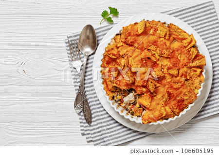 Frito chicken casserole in baking dish, top view 106605195